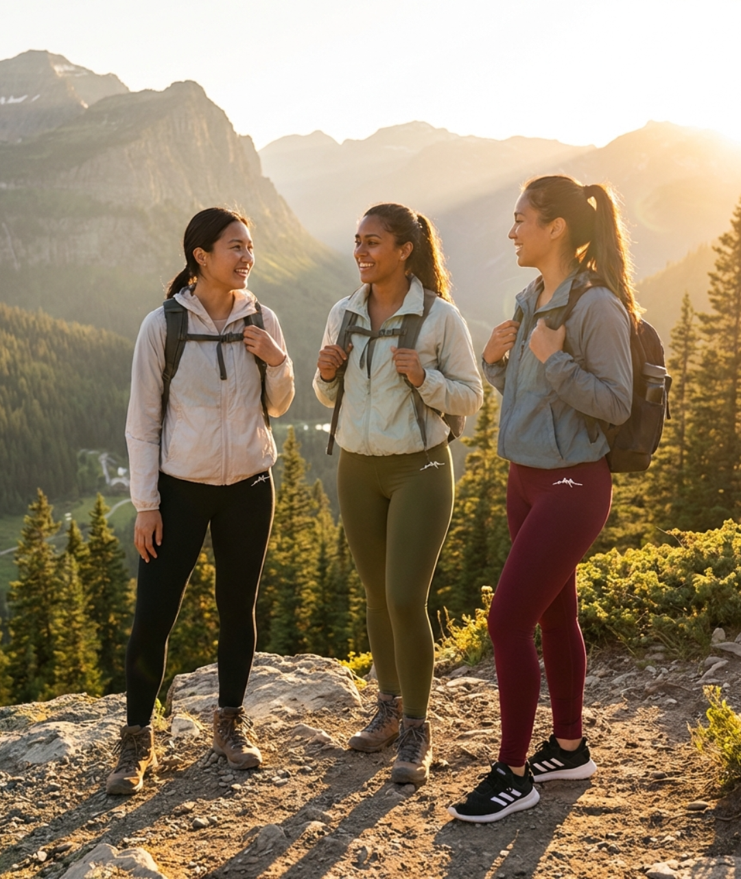 Three women hiking with backpacks in a mountainous area during sunset.