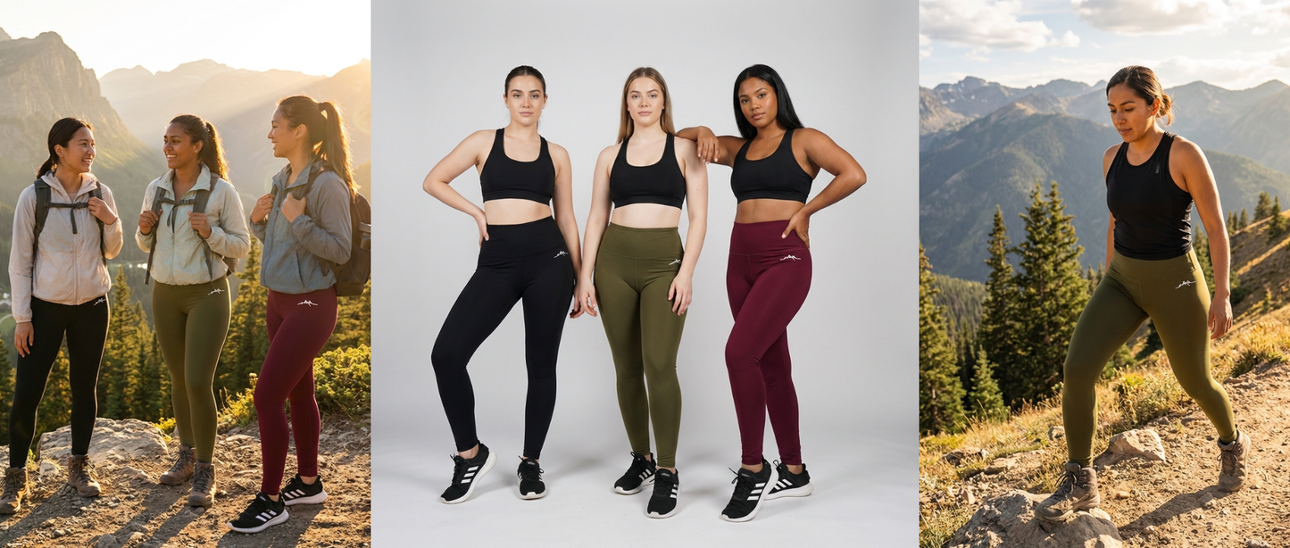 Collage of women in athletic wear with scenic mountain backgrounds