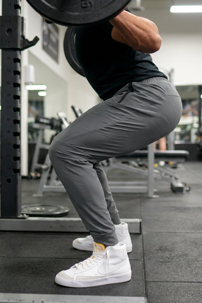 Person performing squats with a barbell in a gym setting