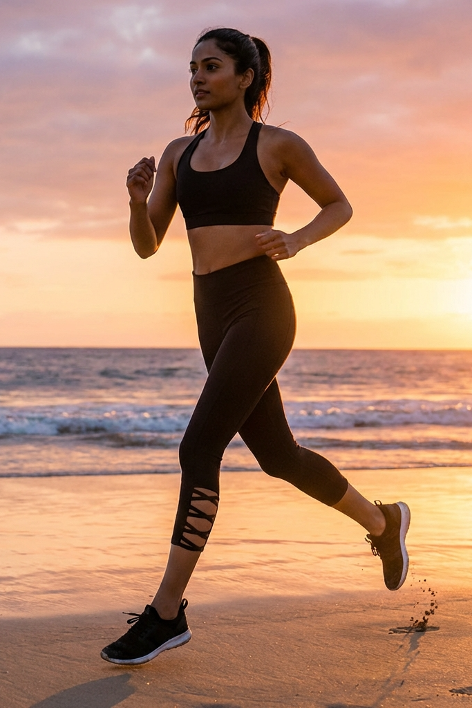 Woman running on a beach at sunset