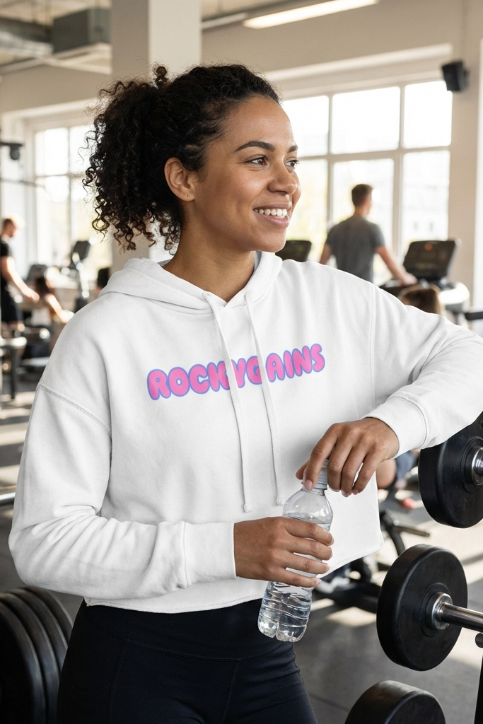 Woman in a gym wearing a white hoodie with 'Rocky Rains' text, holding a water bottle.