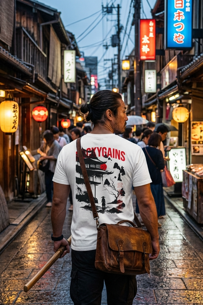 Man walking down a traditional Japanese street with wooden buildings and lanterns.