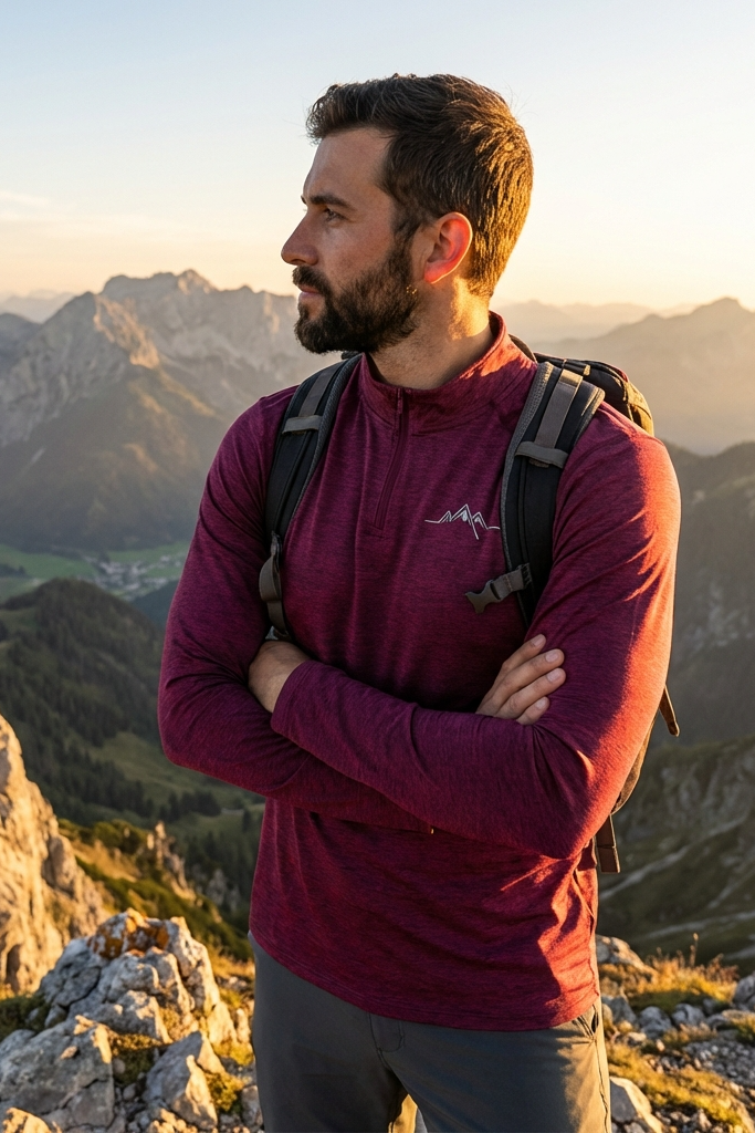 Man with a backpack standing on a mountain peak with a scenic view of mountains in the background.